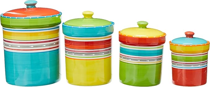 Mariachi 4-Piece Ceramic Kitchen Canister Set – Airtight Colorful Striped Storage Jars with Lids, 24 to 128 oz for Flour, Sugar, Coffee, Snacks & Pantry Organization, Fiesta-Inspired Décor