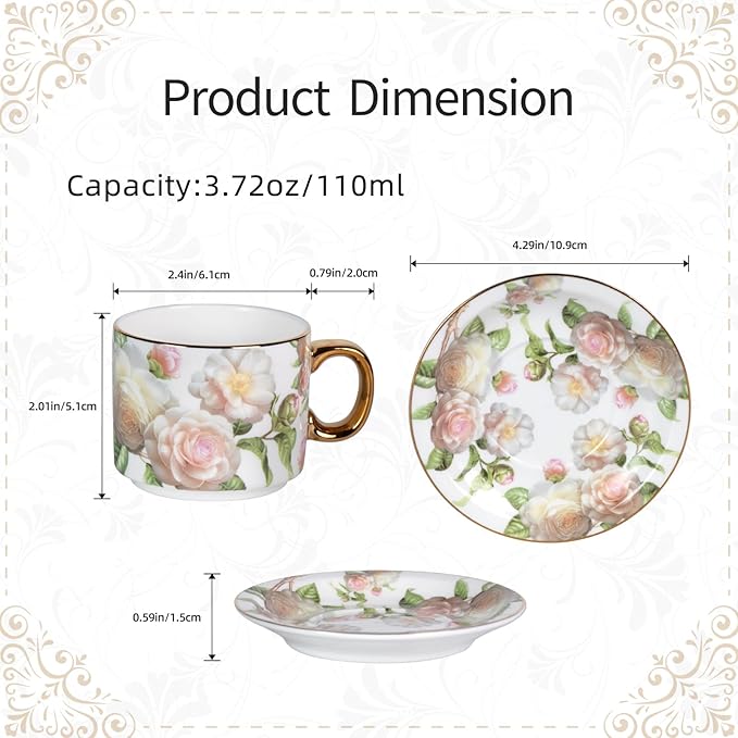 KAMMAK Tea Cups and Saucers Set of 2, Fine Bone China Coffee Cups, Stackable Espresso Mugs, Ceramic Demitasse for Coffee, Cappuccino, Latte, Americano, Tea, White Rose + Beauty Rose
