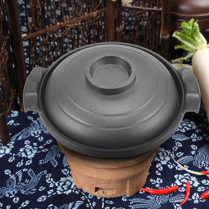 PartyKindom 16cm Ceramic Casserole Dish with Lid - Small Porcelain Cooking Pot for Individual Bibimbap, Soup and Stew - Oven & Gas Safe Stone Bowl for Korean & Japanese Cuisine, Black