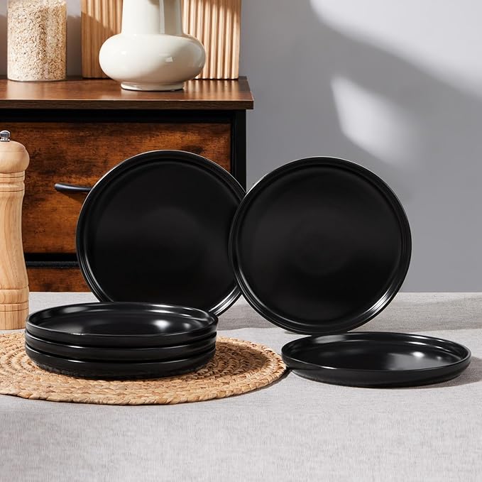 E-far 8” Ceramic Salad Plates Set of 6, Stoneware Dishes Dessert Plate for Home Kitchen Restaurant, Microwave & Dishwasher Safe – Matte Black
