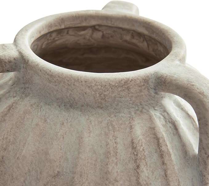 Three Handled Ceramic Vase, 10 Inch Ivory Tabletop Flower Vase for Home Decor, Modern Sculptural Centerpiece with Unique Triple Handles for Living Room Shelf Entryway