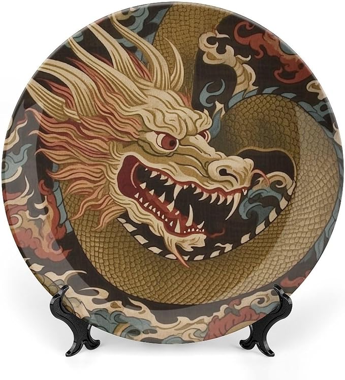 Dragon Gold Oriental Style Asian China Plates of 6", 7", 9", 10", Personalized Ceramic Craft for Decorative Ornaments, Table Home Decorations Wedding, with Display Stand And Hook Up