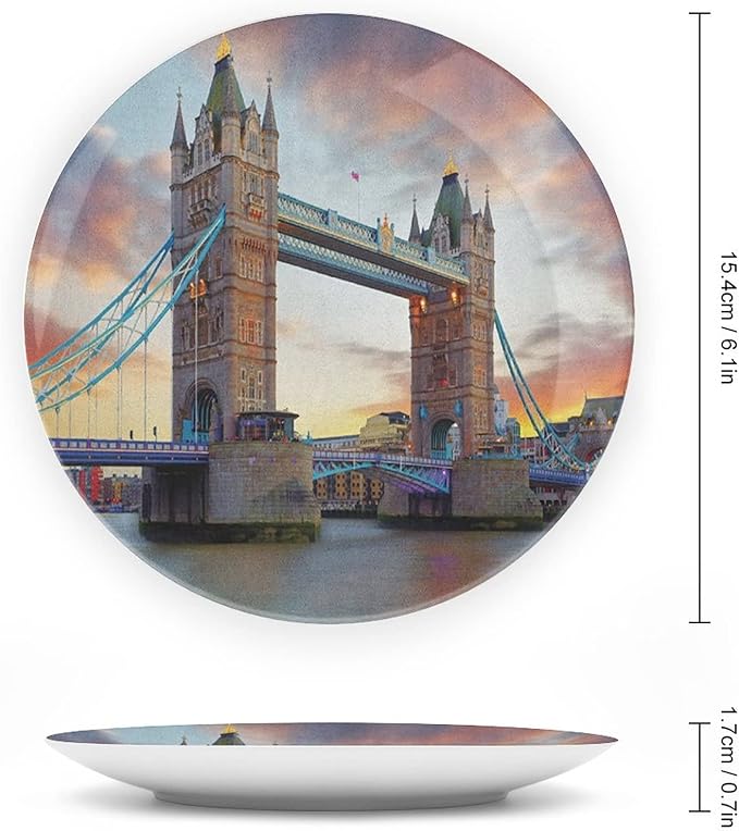 7 Inch Decorative Plate, London Ceramic Craft, Historic Old Tower Bridge London British Kingdom Skyline Print Ceramic Wall Hanging for Fine Dining Upscale Events, Dinner Parties, Weddings, Catering