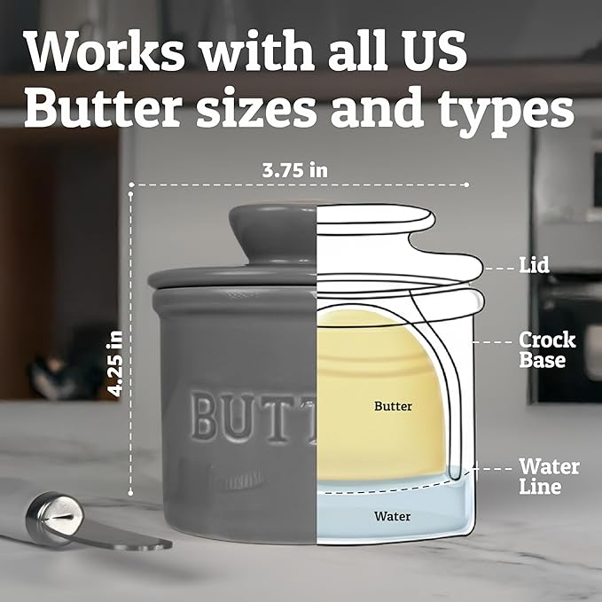 PriorityChef Butter Crock with Lid with Water Line, Ceramic French Butter Dish to Leave On Counter, Grey