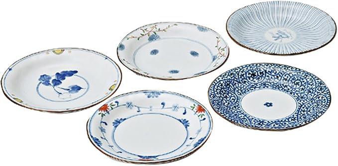 Saikai Pottery 31989 Hasami Ware Scissors Dish Set of 5 Patterns, Dyed Nishiki Picture Change, Diameter 6.3 inches (16 cm), Soy Sauce Plate, Gift, Birthday, Scissors, Dishware, Stylish, Microwave and