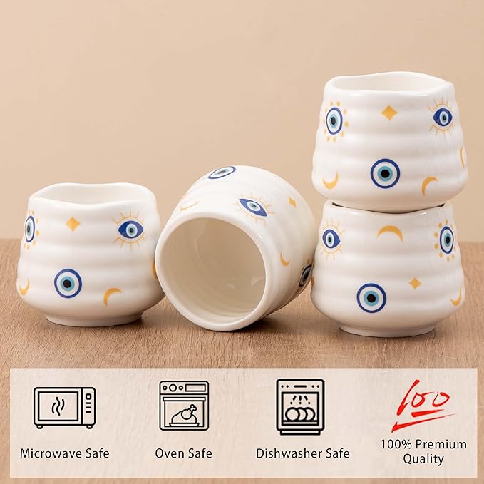 4pcs Japanese Tea Cup Set – 160ml 5.4OZ Ceramic Matcha Cup, Small Handless Espresso Cups, Cute Coffee Mugs for Valentine (Evil Eye)