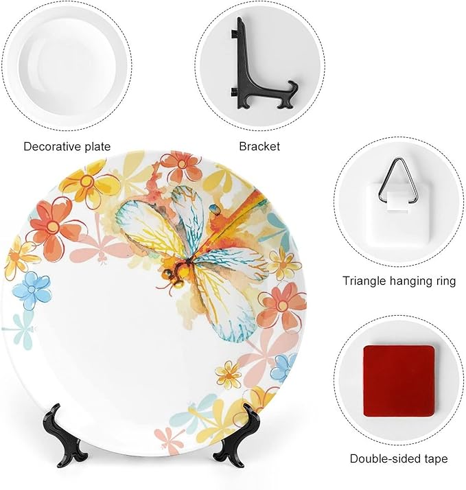 XISUNYA 6 Inch Decorative Plate, Dragonfly Ceramic Craft, Abstract Grunge Vintage Moth with Spring Flowers Frame Print Ornament Display Plate Handmade Plate Wedding Christmas Thankgiving Gifts