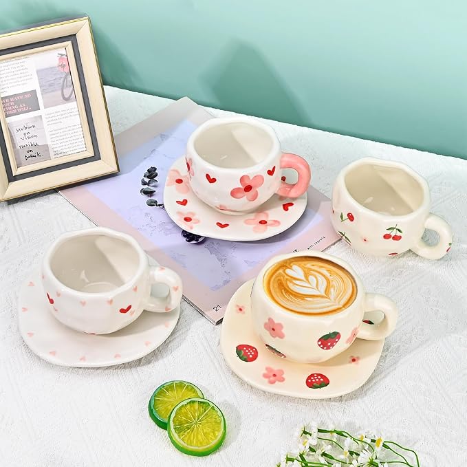 Koythin Ceramic Coffee Mug with Saucer Set, Cute Strawberry Flower Cup Unique Irregular Design for Office and Home, 10 oz/300 ml for Latte Tea Milk