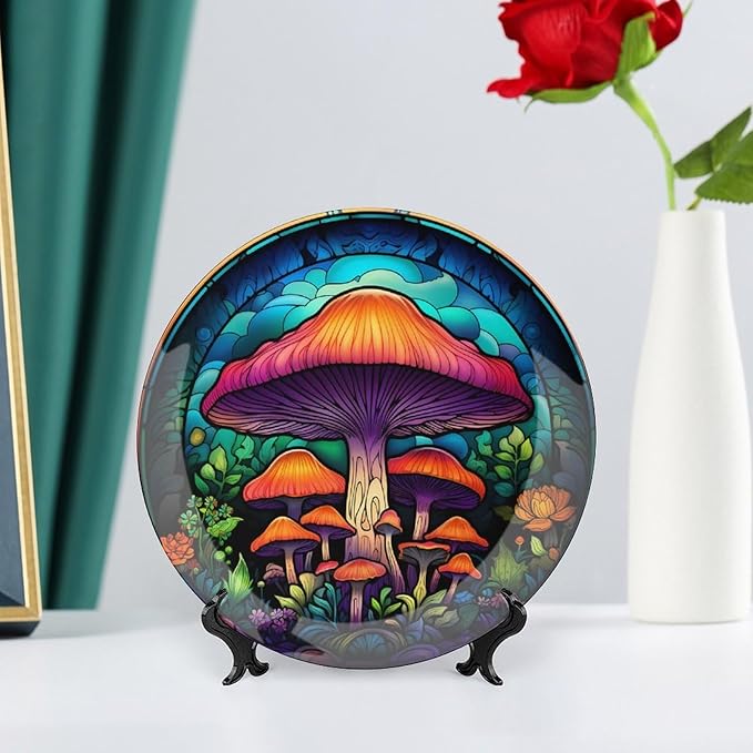 Decorative Plates, Forest Mushroom Stained Glass Painting Ceramic Dinner Plate Home Wobble-Plate with Display Stand, Wall Hanging Decor for Kitchen Household 8 Inch, Gifts for Mushroom Lovers
