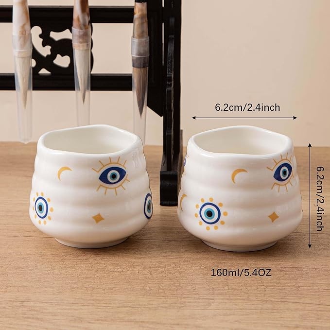 4pcs Japanese Tea Cup Set – 160ml 5.4OZ Ceramic Matcha Cup, Small Handless Espresso Cups, Cute Coffee Mugs for Valentine (Evil Eye)