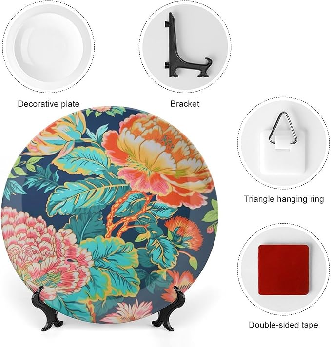 Chinoiserie Peony Floral Decorative Plate, Custom Asian Scenic Chic Chinoiserie Wall Decorative Plate, Club Housewarming Gifts Decorations Art Decoration, Including Bracket And Special Hook