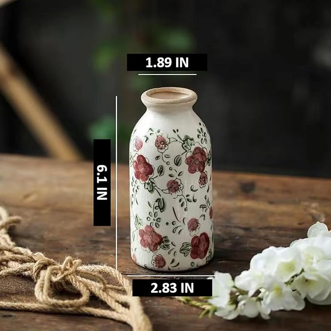 Mini Vintage Rustic Flower Vase,Farmhouse Flower Vase for Home Decor,Chinoiserie Ceramic Vases for Table,Bookshelf,Living Room Centerpieces,Small Bud Vases 6.1 Inch