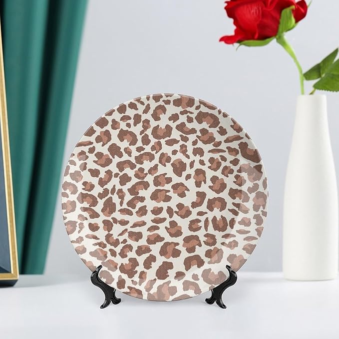 Ceramic Decorative Plate Leopard Animal Print Brown And Gray Custom Decor for Display Farmhouse Wall Club Ceramic Display Plate 1 Plate with 1 Display Stand, Multi Sizes, Gifts for Men Women