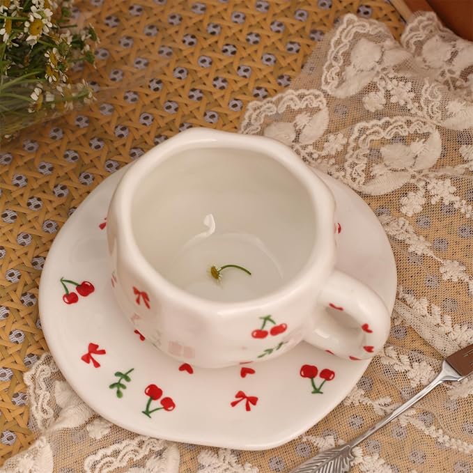 TREEWOO Hand Painted Cherry Ceramic Coffee Cup and Saucer Set, 300ml/10 oz, Korean Style, Hand Pinched Irregular Cappuccino Latte Tea Cup