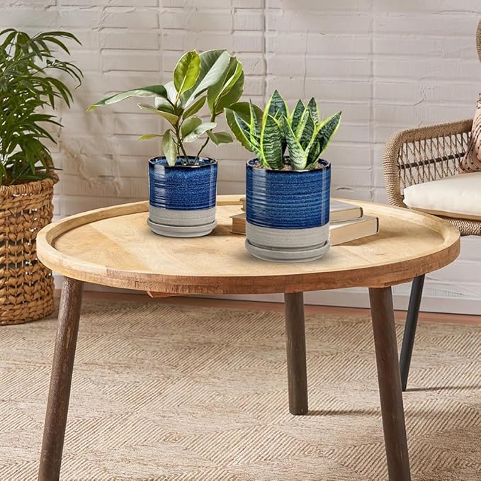 Ceramic Plant Pots Indoor, 5+6inch Outdoor Planter with Drainage Hole and Saucer, Round Succulent Orchid Flower Pot Set, Gardening Home Desktop Office Windowsill Decoration Gift