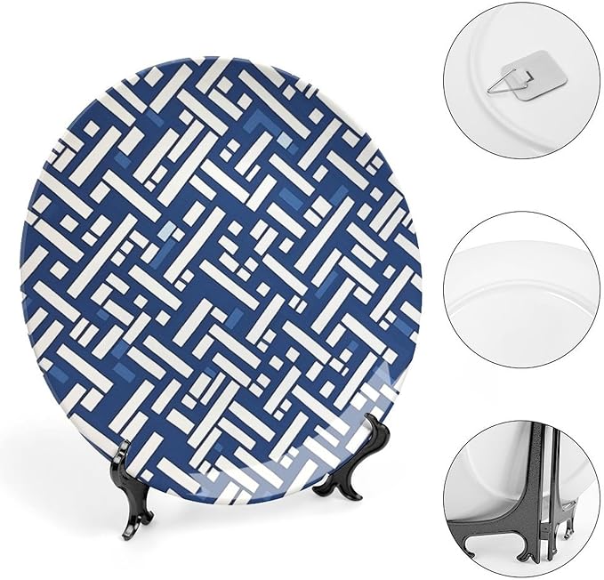 Vintage Plates Navy Blue Geometric Custom Decor for Club Art Decoration Wall Display Wall Decorative Plate with Vertical Stand, Multi Sizes by Choosing, Gifts for Men Women