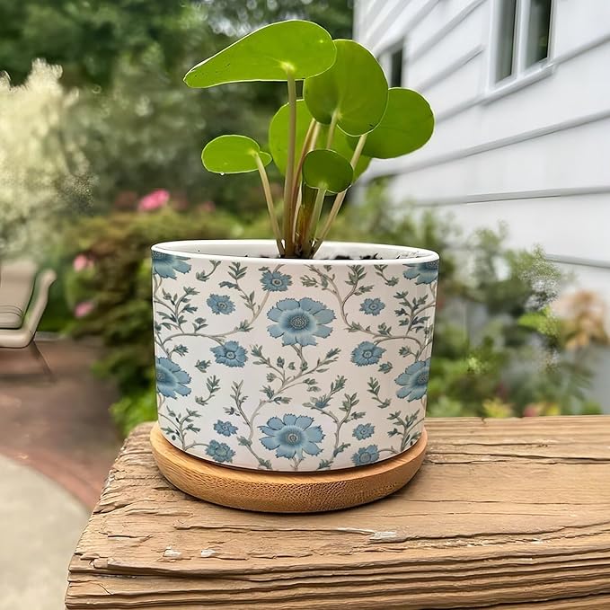 Mughal Flower in Ceramic Planters Blue Floral Planters for Indoor Plants with Drainage Holes and Saucers Pot for Indoor Outdoor Garden