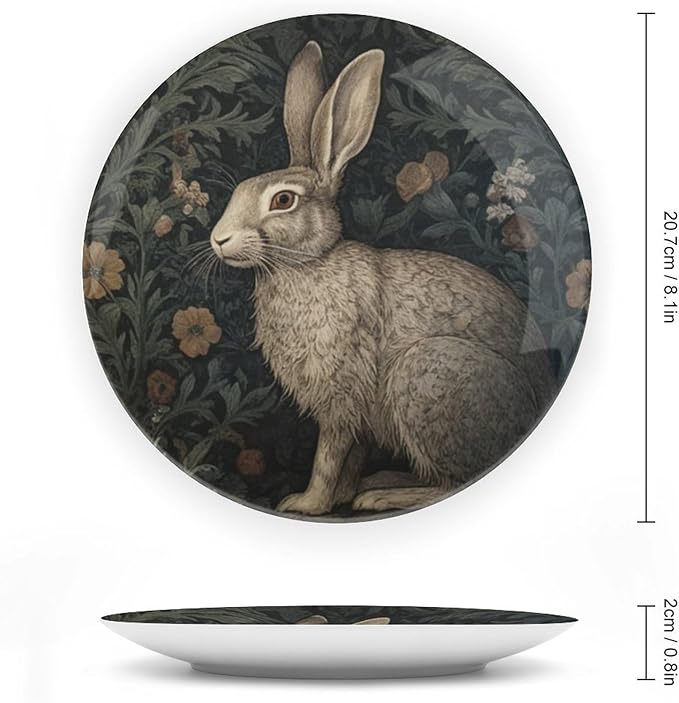 William Morris Inspired Rabbit China Plates, Custom Raven in The Forest Art Ceramic Craft for Decorative Ornaments, Housewarming Gifts Festival Decorations Table, Unique Art with Stand