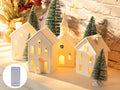 9 Pcs Christmas Village Figurines Sets - 4 Lighted Ceramic Houses with Remote Control & 5 Trees - Christmas Decorations Indoor - White Xmas Holiday Farmhouse Rustic Decor for Home Table Room