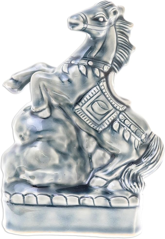 NOVICA Artisan Handmade Ceramic Sculpture Crackled Blue Horse from Thailand Animal Themed East Meets West Cultural [6.5in H x 4.9in W x 2.8in D] ' Lucky Horse'