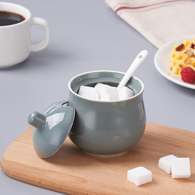 Ceramic Sugar Bowl with Lid and Spoon, Gray Porcelain Sugar Salt Pepper Storage Jar, 7 Ounces
