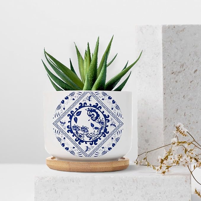 Chinese Style Blue And White Porcelain Print Ceramic Pots for Plants with Drainage Holes Round Flower Pot Bamboo Tray Orchid Pot Succulents Pots for Outdoor Indoor Plants,Housewarming Gifts