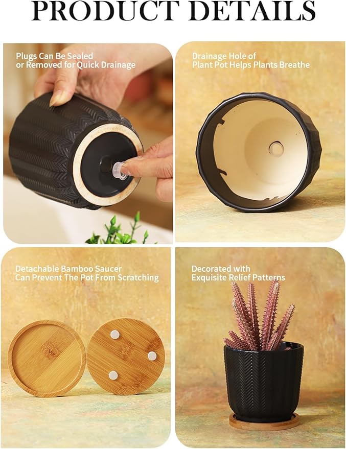 OMAYKEY 4.5 Inch Plant Pots with Saucer, Ceramic Black Planters Pots with Drainage Hole and Mesh Pads for Succulent, Cactus, Herbs - 4 Packs(Plant Not Included)