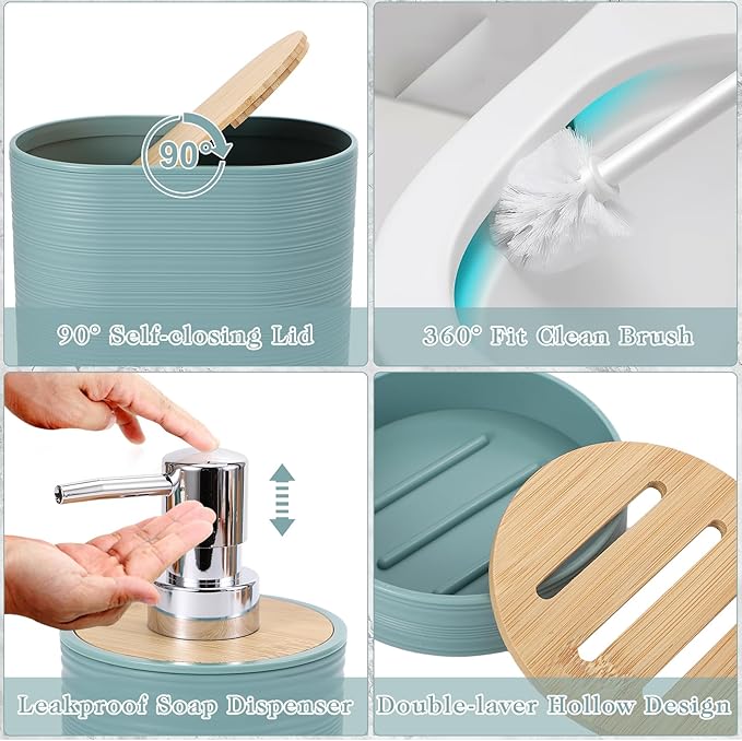 Bathroom Set - Light Blue Bathroom Accessories Set, Bathroom Sets with Shower Curtain and Rugs, 25PC Shower Curtain Set with Hooks, Soap Dispenser, Soap Dish, Toilet Brush Holder and Trash Can
