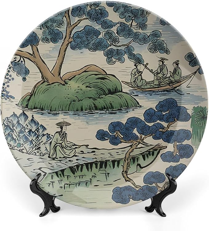 Decorative Plate Asian Scenic Dynasty Blue And Green Personalized Decor for Household Farmhouse Festival Display Bone China Decorative Plate with Vertical Stand, Multi Sizes, Gifts for Men Women