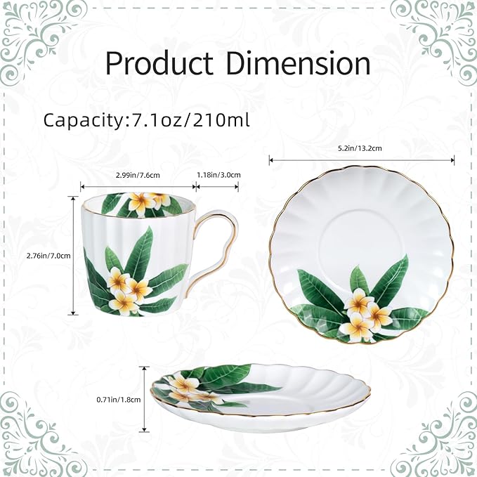 KAMMAK Tea Cups and Saucers Set of 2, Fine Bone China Coffee Cups, Stackable Espresso Mugs, Ceramic Demitasse for Coffee, Cappuccino, Latte, Americano, Tea, Green Leaf Frangipani