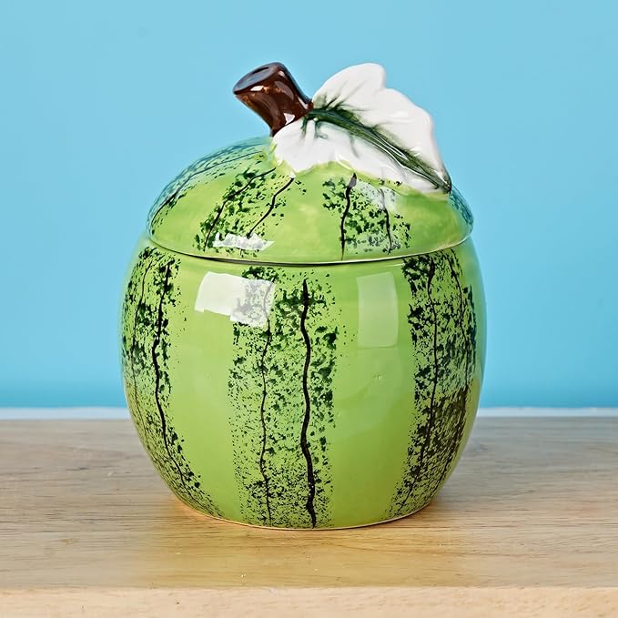 Hand-painted Ceramic Fruit Shape Sugar Bowl Spice Jar Seasoning Pot with Lid Spoon (Watermelon)