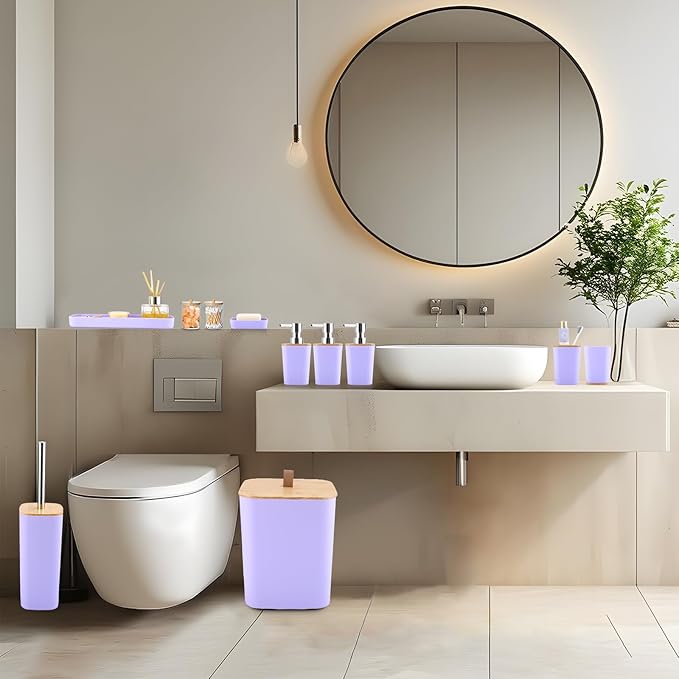 Purple Bathroom Accessories, Bathroom Accessories Set with Trash Can, Soap Dispenser, Toothbrush Holder, Toothbrush Cup, Soap Dish, Toilet Brush, Tray and Q-tip Holders for Housewarming
