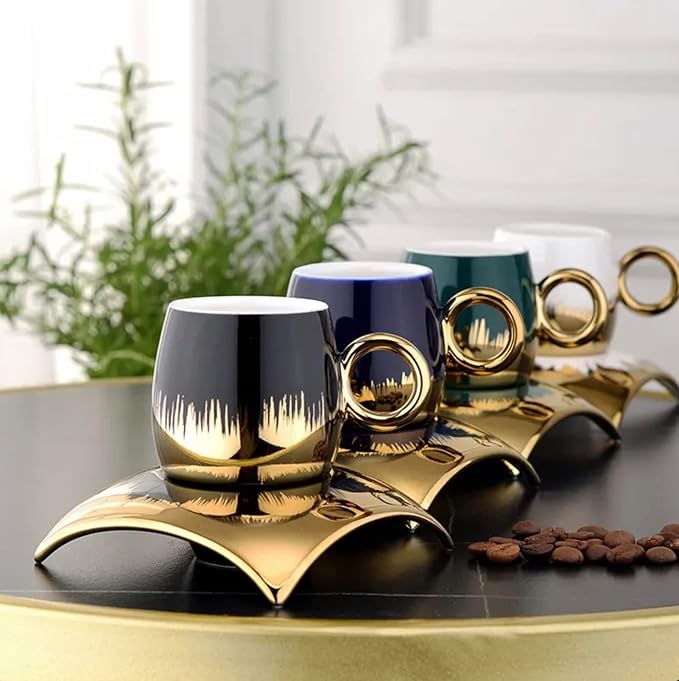 Turkish Coffee Cup Set of 6 with Saucers & Tray - Luxury Arabic Greek Japanese Marble Ceramic Tea Cups for Espresso Cappuccino Latte Mocha, Ideal Gift - 6.7oz,- Assorted Colors