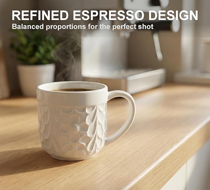 25DOL Ceramic Espresso Cups Set of 2 - White Cappuccino Cup with Nature Engravings and Comfort-Grip Handle - Expresso Coffee cups, 3.3 Oz Small Lead-Free Shot Mugs, Safe for Dishwasher, Microwave