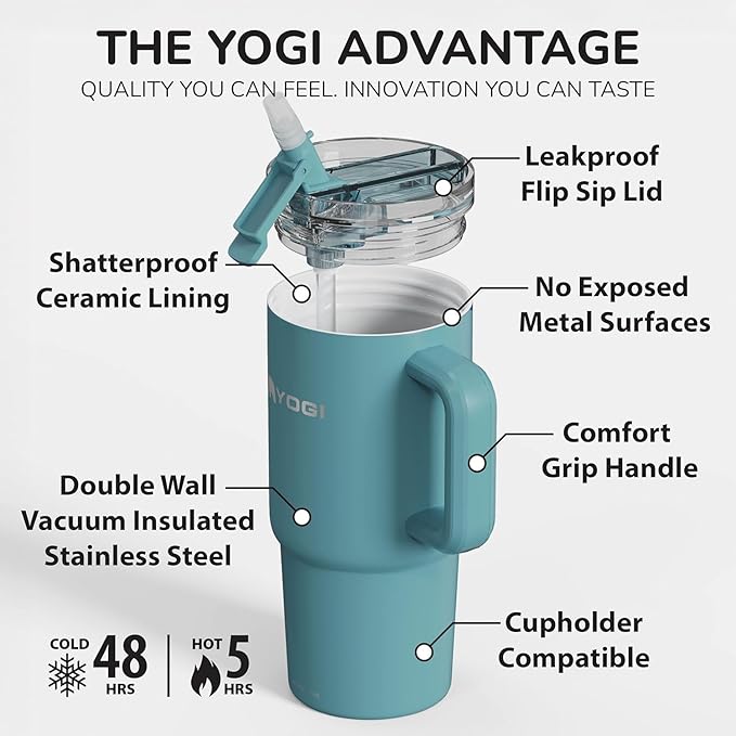 YOGI Ceramic Lined Metal Allergy Safe 24oz Tumbler with Handle and Straw Leakproof Flip & Sip Lid Vacuum Insulated Stainless Steel Travel Cup for Iced Coffee Water and All-Day Hydration 24oz Laguna