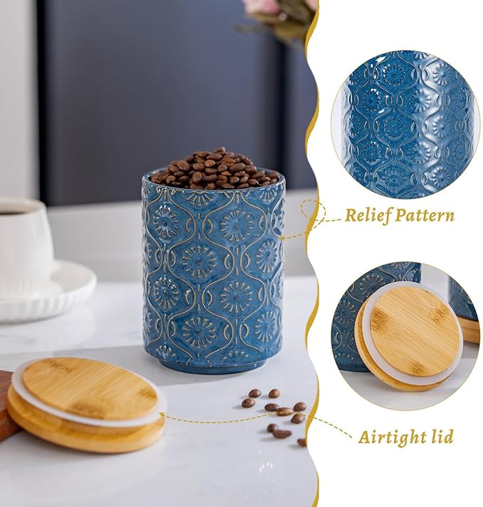TEATALK Ceramic Utensil Holder Set, 360° Rotating Organizer for Countertop, Farmhouse Vintage Style, Large and Small Crocks in Dark Blue，7.7"+5.7"
