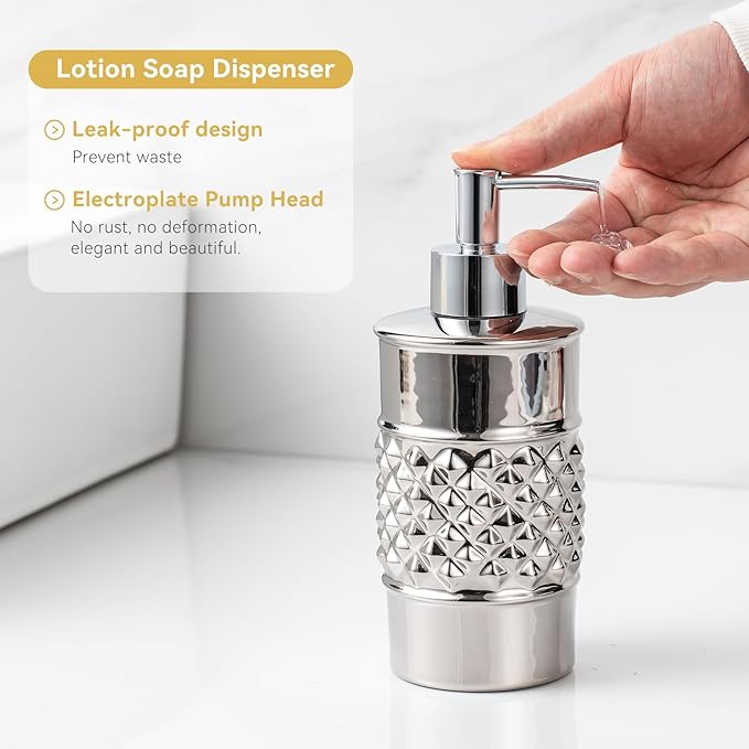 3-Piece Silver Ceramic Bathroom Accessories Set - Luxurious Soap Dispenser, Toothbrush Holder & Soap Dish with Modern Geo Embossed Design for Bathroom Accessory Set
