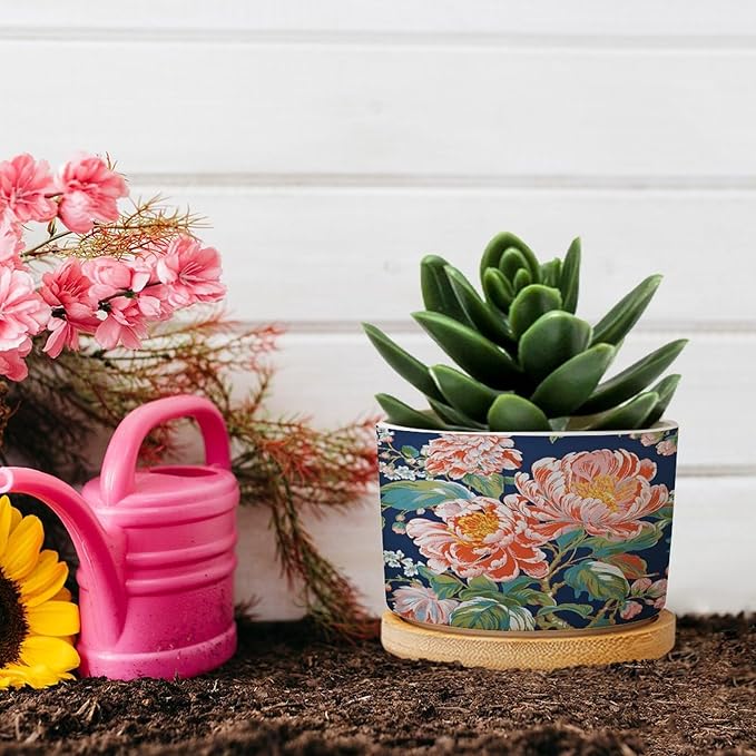 Bright and Chinoiserie Ceramic Planter Coral Peony Floral Planters for Outdoor Plants with Drainage Holes and Saucers Pot for Pots Outdoor Indoor Plants