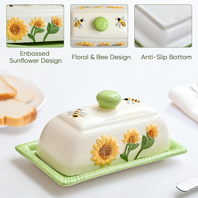 Fungi Fun Ceramic Butter Dish with Lid for Countertop – Decorative Sunflower and Mushroom Design, Unique Sunflower Kitchen Accessories, Cute Butter Dish with Cover for Countertop, Holds 2 Sticks