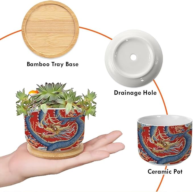 Red and Auqa Dragon Small Planters Ceramics Set of 3 Chinoiserie Dragon Ceramics Planters with Drainage Bamboo Trays Asian Scenery Chic Chinoiserie Houseplant Pot