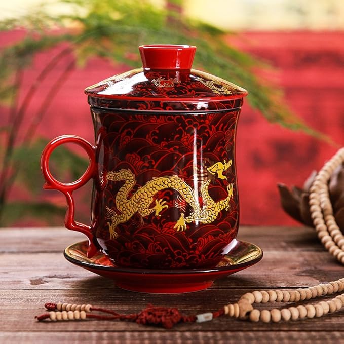 PLESIU Yuhytop Groye Tea Talent Porcelain Tea Cup with Infuser Lid and Saucer Sets - Chinese Jingdezhen Ceramics Coffee Mug Teacup Loose Leaf Tea Brewing System for Home Office