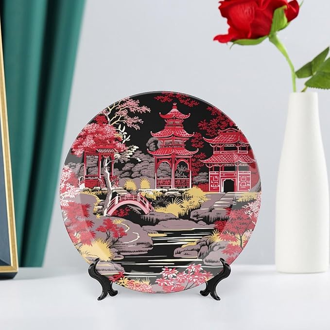 China Plates Chinoiserie Charcoal Coral Pagoda Asian Personalized Decor for Club Housewarming Gifts Festival Household Dinner Plates with Display Stand And Hook Up, Multi Sizes, Gifts for Men Women