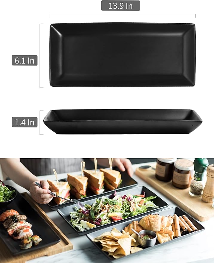 LAUCHUH Serving Platters for Entertaining, Large Rectangular Plates, 14 Inches Porcelain Serving Tray for Halloween, Housewarming, Christmas, Party, Dessert, Sushi and Appetizers, Set of 4, Black