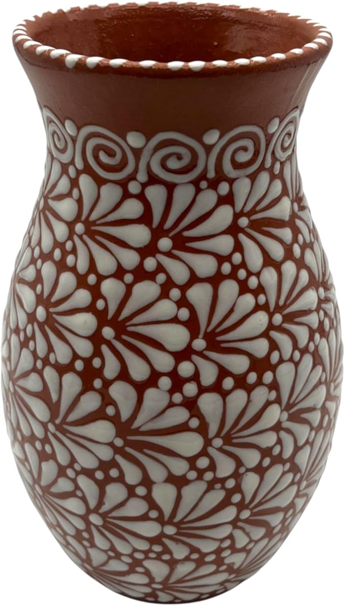 Brown & White Talavera Vase | Handcrafted Relief Pottery