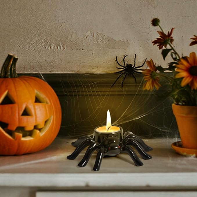 Halloween Candle Holder Black Spider Ceramic Candle Holder Halloween Decorations for Home Office Table Centerpiece, Scary Spider Tealight Candlestick for Party Decoration