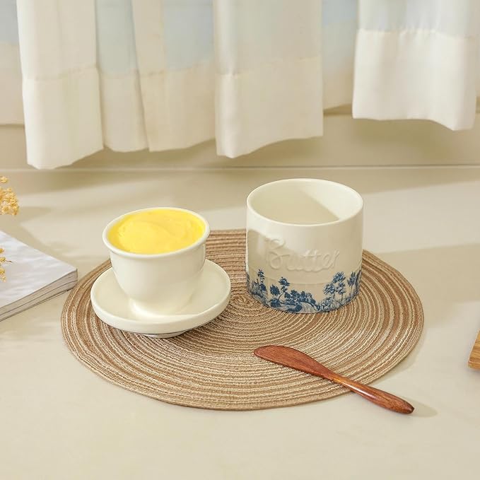 iobiotio Butter Crock for Countertop, Ceramic Butter Crock with Lid and Wooden Knife, Butter Keeper with Water Line for Fresh Spreadable Butterfor, Forest Blue