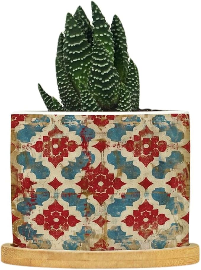 DreamAutumn Geometric Kilim Moroccan Ikat Planter Ceramic Round Plant Pots with Drainage Holes and Bamboo Tray Planting Small Flower Pots for Home Windowsill Desk Garden Indoor Outdoor Use