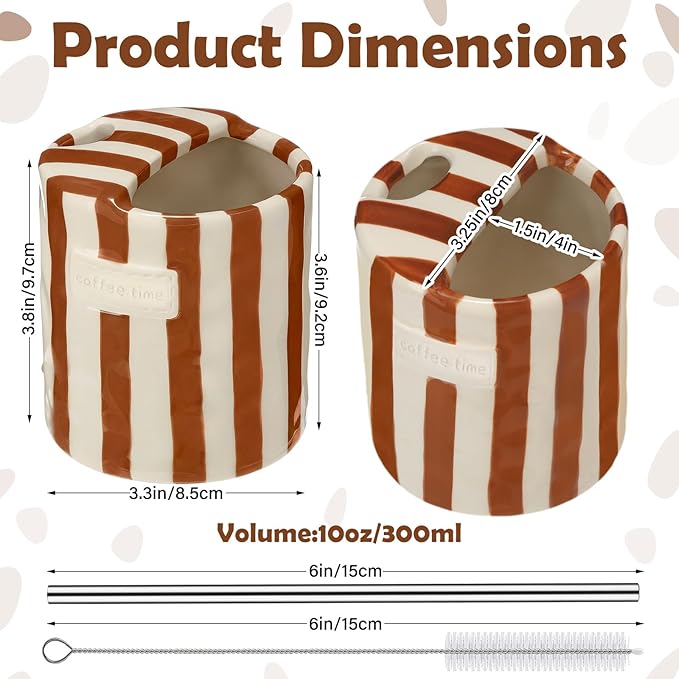 1 Pack Ceramic Coffee Mug with Sip Hole Espresso Cup 10oz with Straws Retro Hand Painted Striped Porcelain Coffee Tea Cup Cappuccino Latte Mug for Kitchen Dining Travel (Brown)