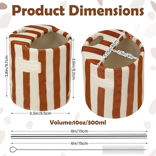 1 Pack Ceramic Coffee Mug with Sip Hole Espresso Cup 10oz with Straws Retro Hand Painted Striped Porcelain Coffee Tea Cup Cappuccino Latte Mug for Kitchen Dining Travel (Brown)