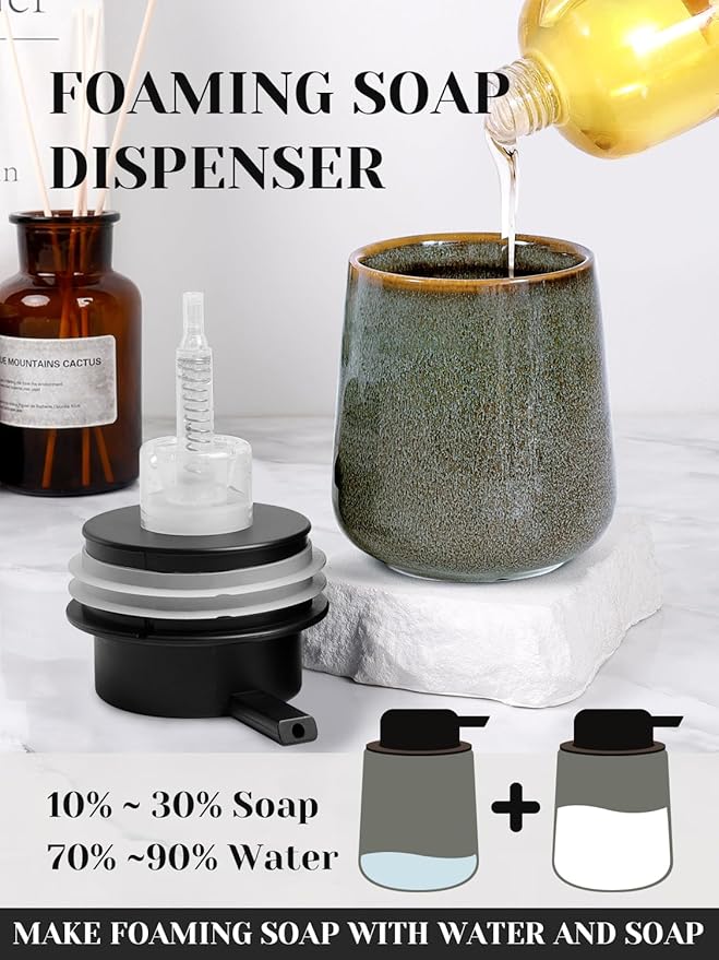 INGOFIN Ceramic Foaming Soap Dispenser -12oz Foam Hand Soap Dispenser Bathroom, Modern Refillable Dish Wash Soap Bottle for Kitchen with Large Pump -Kiln-Glazed Green